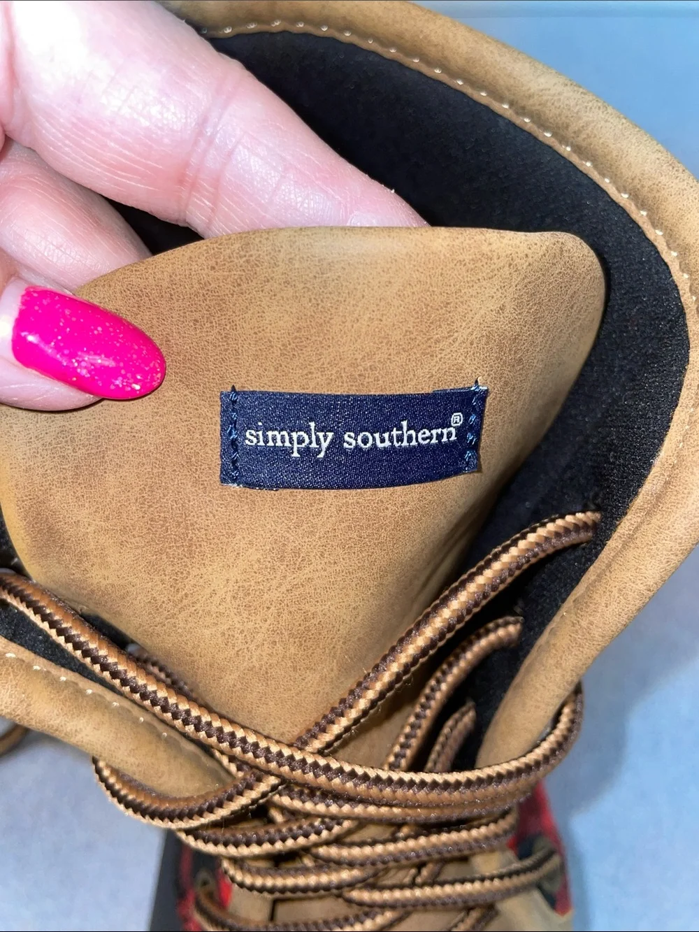 Simply Southern Red and Black Buffalo Plaid Duck Boots with Brown Trim